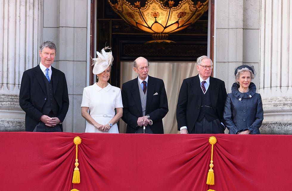 london, england june 13: (l r) vice admiral sir timothy laurence, sophie, duchess of edinburgh, prince edward, duke of kent, prince richard, duke of gloucester and birgitte, duchess of gloucester on the balcony of buckingham palace during trooping the colour on june 13, 2026 in london, england. trooping the colour is a ceremonial parade celebrating the official birthday of the british monarch. the event features over 1400 soldiers of the household division and kings troop royal horse artillery, including over 400 musicians from the massed bands. (photo by karwai tang/wireimage)