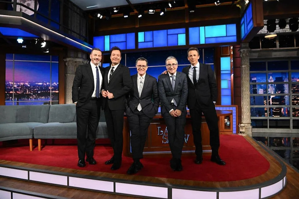 The Late Show with Stephen Colbert and guests Jimmy Kimmel, Jimmy Fallon, John Oliver, and Seth Meyers during Monday's May 11, 2026 show.