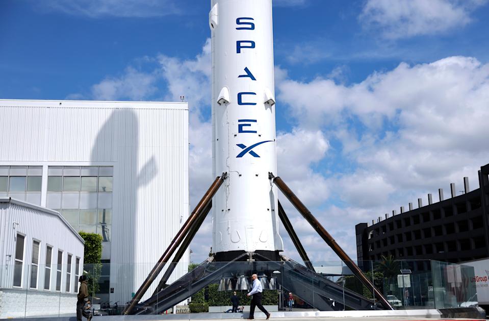 A SpaceX Falcon 9 rocket is displayed at a SpaceX facility on April 2, 2026, in Hawthorne, Calif. (Mario Tama/Getty Images)