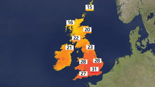 A weather map showing the hot weather temperatures across the UK.