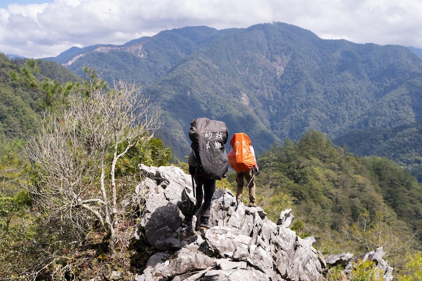 Two hikers walk over a rock at the top of a mountain, with a large forest in the background.