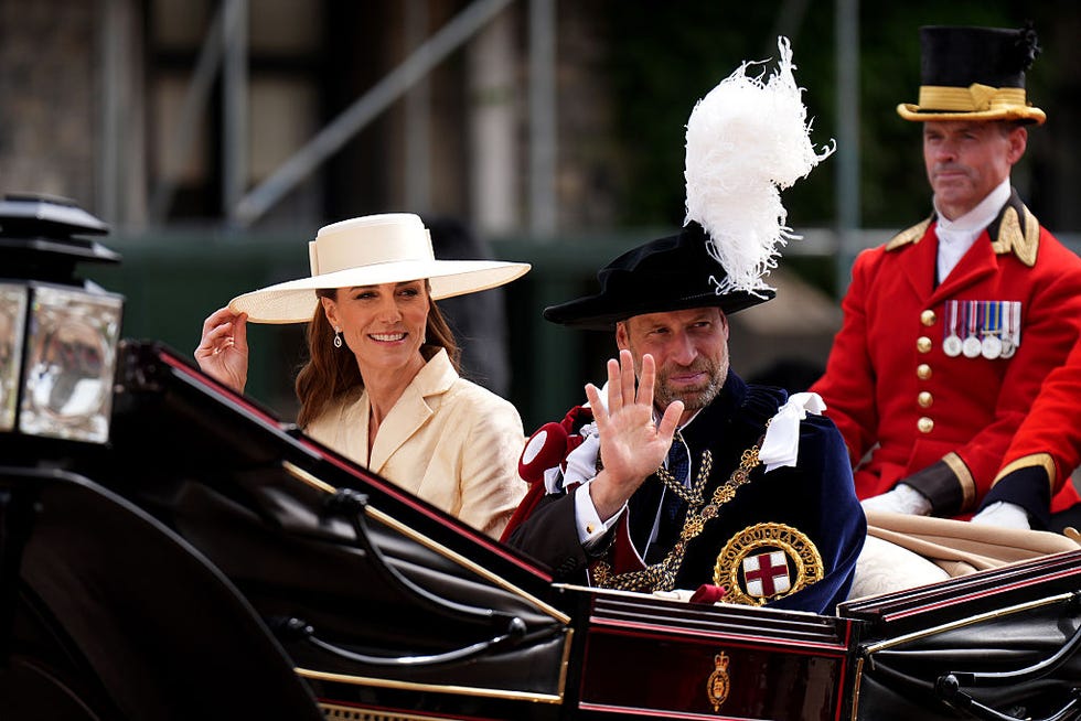 windsor, england june 15: britains prince william, prince of wales (r) and catherine, princess of wales (l) after attending the annual order of the garter service at windsor castle on june 15, 2026 in windsor, england. (photo by aaron chown wpa pool/getty images)