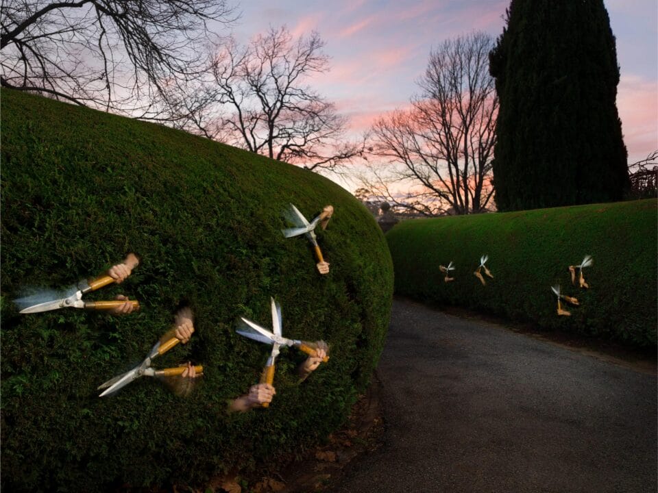 a photograph by Tamara Dean of heads with pairs of hand holding clippers popping out of them