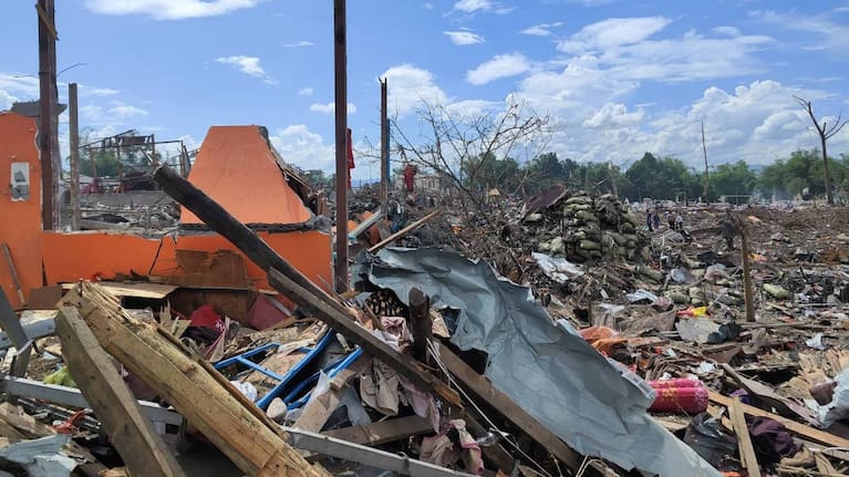 Debris of the buildings destroyed in an explosion in Kaungtup village.