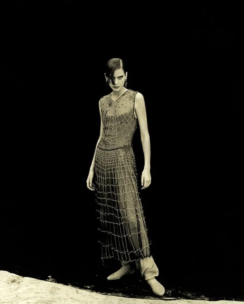 Giorgio Armani Spring/Summer 1990 spiderweb dress on the runway.
