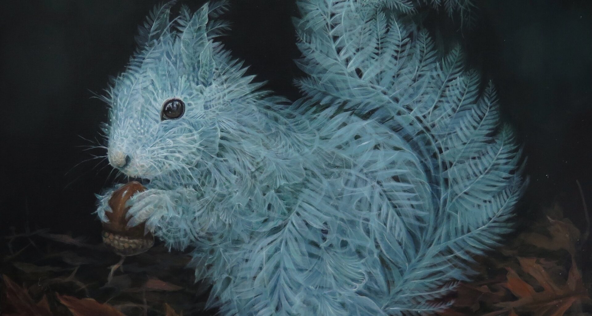 an acrylic painting of a squirrel eating a nut, with a body made of ghostly plants