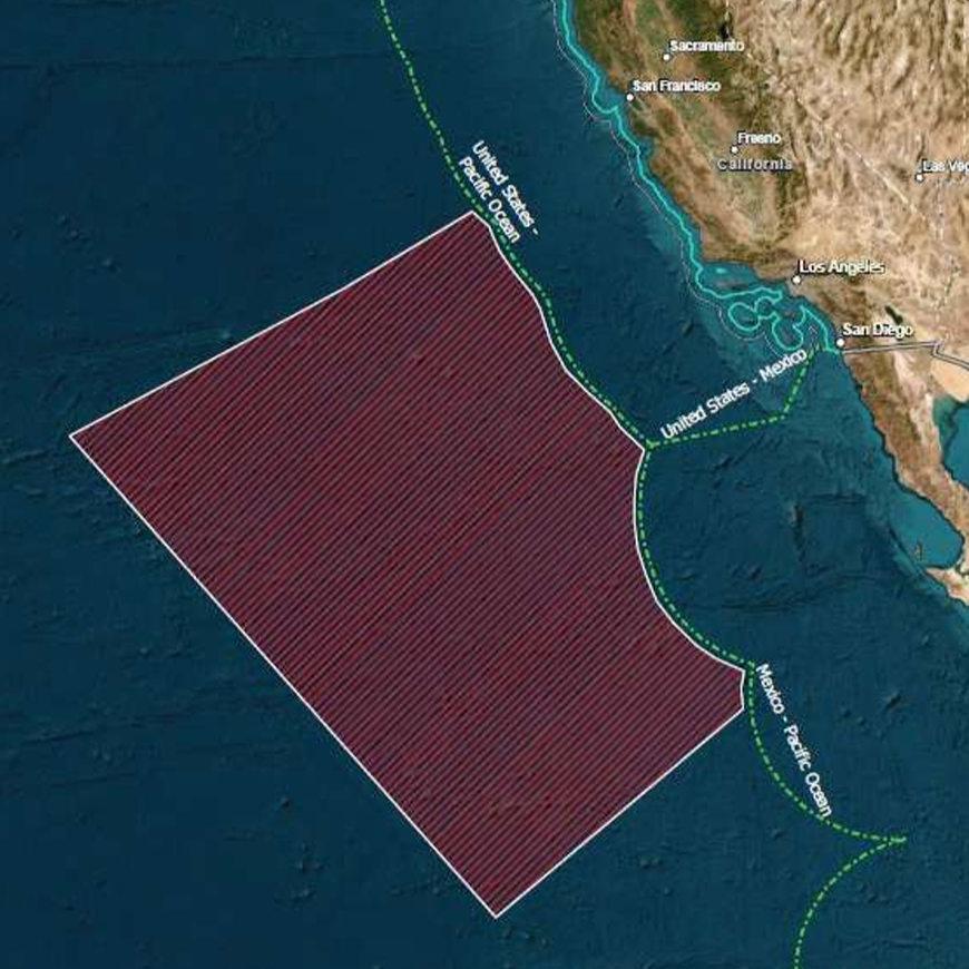 a red square covers an area of ocean on a map off the California coast.
