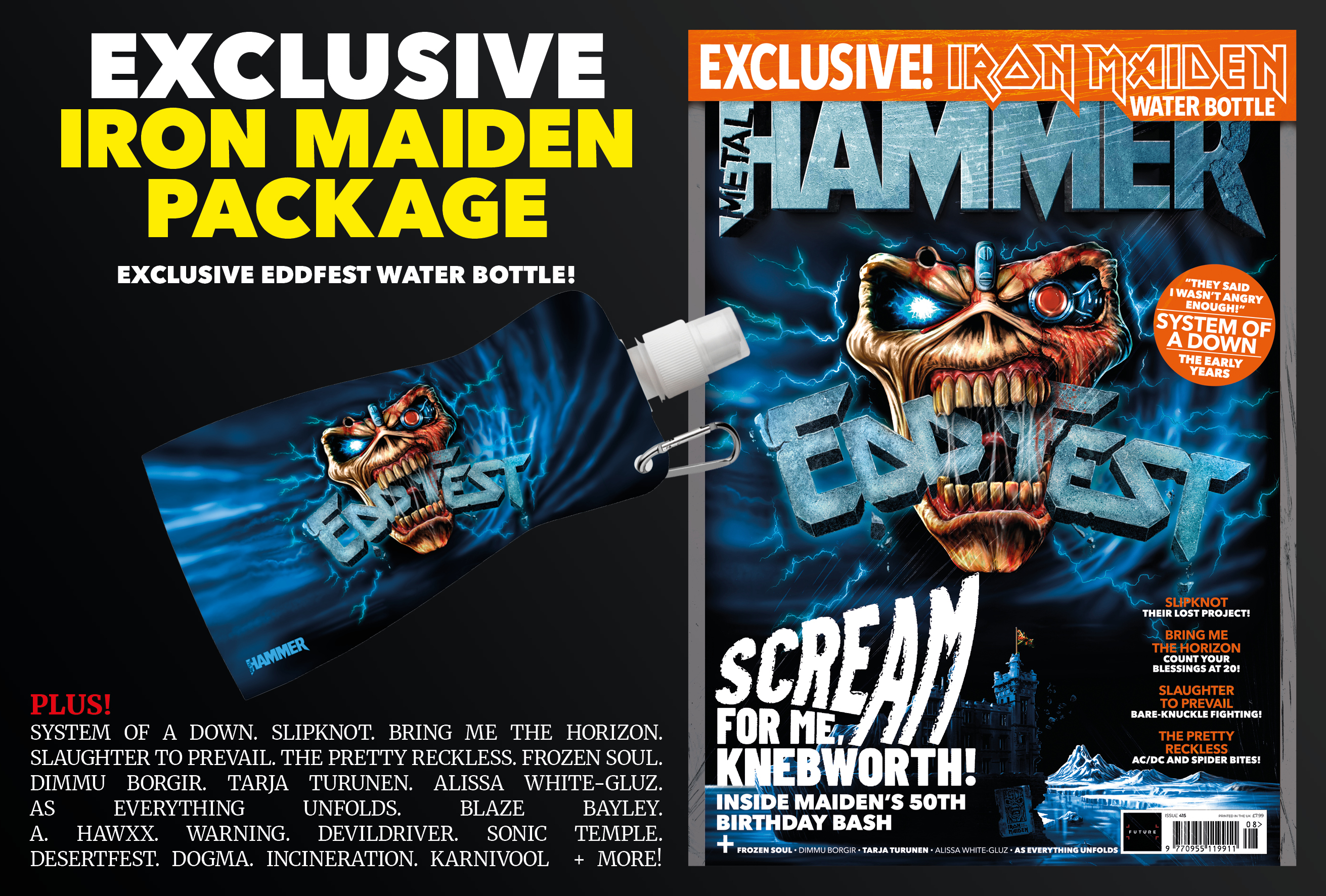 Iron Maiden magazine and water bottle