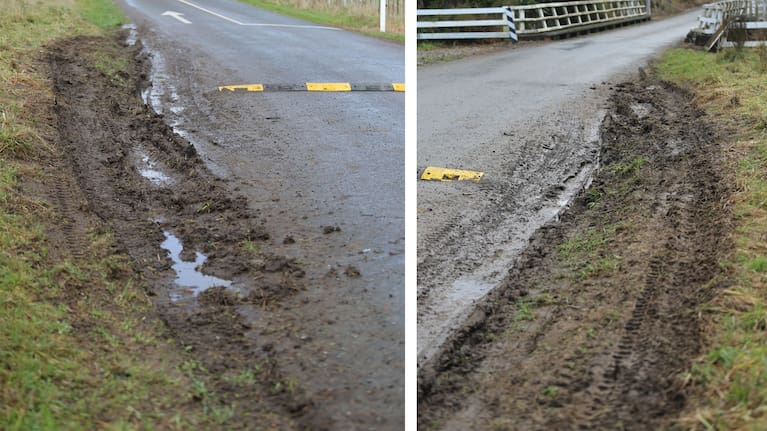 Drivers are tearing up the grass verge to avoid speed bumps at the bridge. (Source: Emily Ireland)