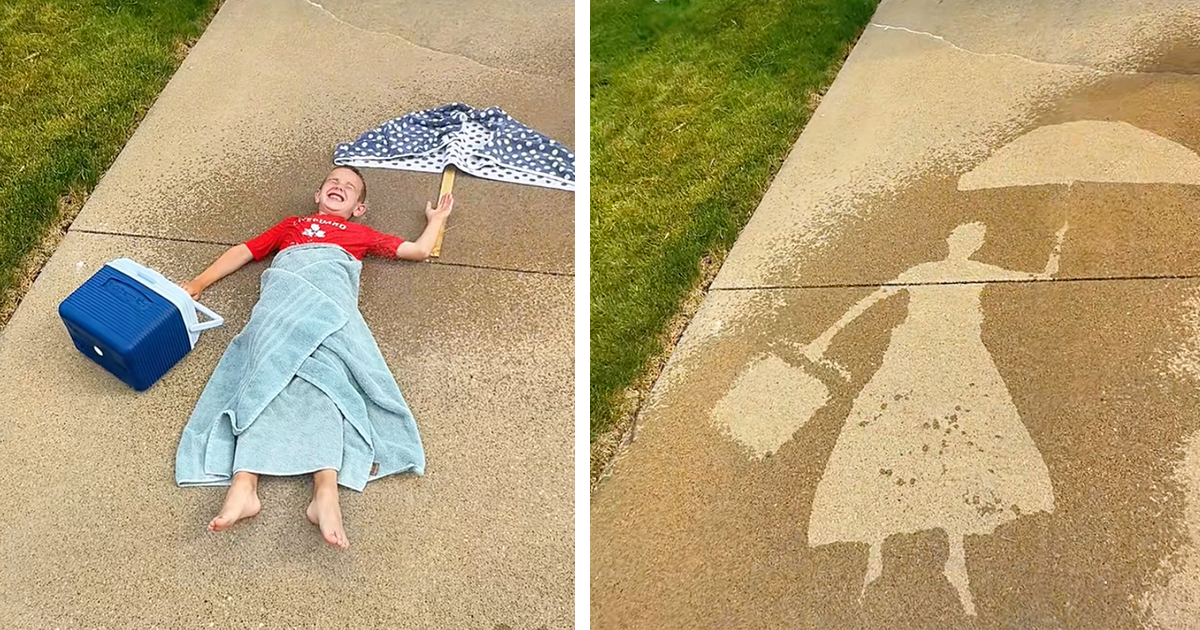 Family Uses Water to Create Playful Driveway Silhouettes