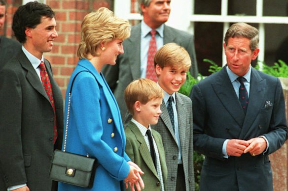 King Charles and his late former wife Diana, Princess of Wales, accompany their sons Harry and William to Eton in September 1995.
