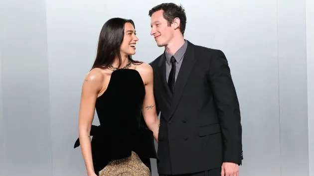 Dua Lipa and Callum Turner attend the 2026 Vanity Fair Oscar Party on March 15, 2026 in Los Angeles, California. (Amy Sussman/Getty Images for Vanity Fair)