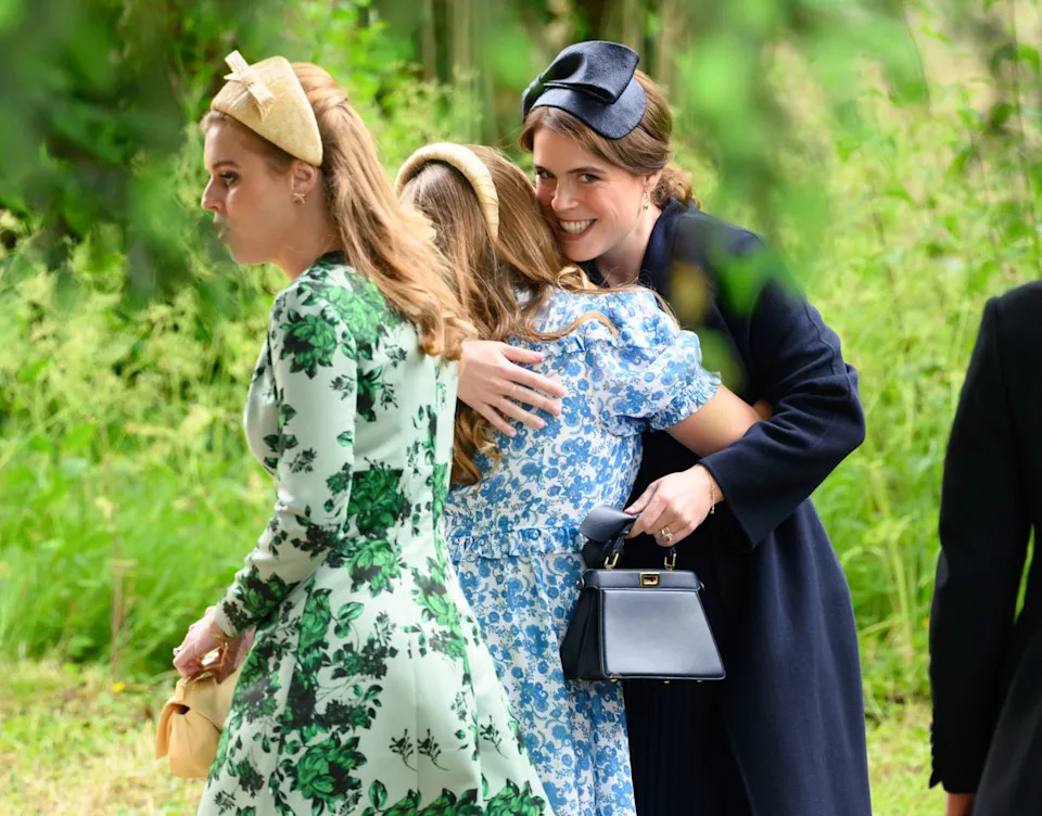 Princess Beatrice, Mia Tindall, and Princess Eugenie arrive for the royal wedding of Peter Phillips and Harriet Sperling in Kemble, England on June 6, 2026.Credit: Getty Images