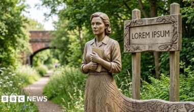 A wooden sculpture of a woman holding a book, her body merging with a bench by the side of a path running under an old railway bridge in the countryside