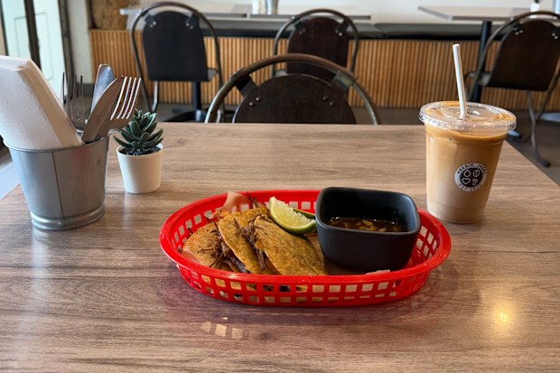 Birria tacos and a coffee for breakfast