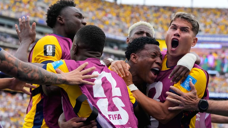 Ecuador's Gonzalo Plata, center right, celebrates scoring his side's second goal against Germany during the World Cup Group E match.