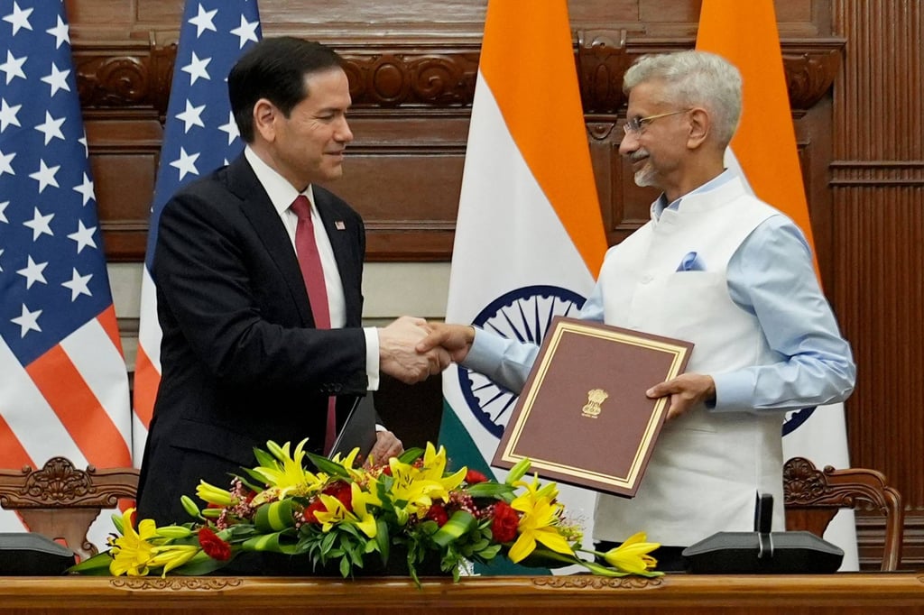 US Secretary of State Marco Rubio and India’s Foreign Minister Subrahmanyam Jaishankar shake hands after signing a memorandum of understanding in New Delhi on May 26. Photo: AFP