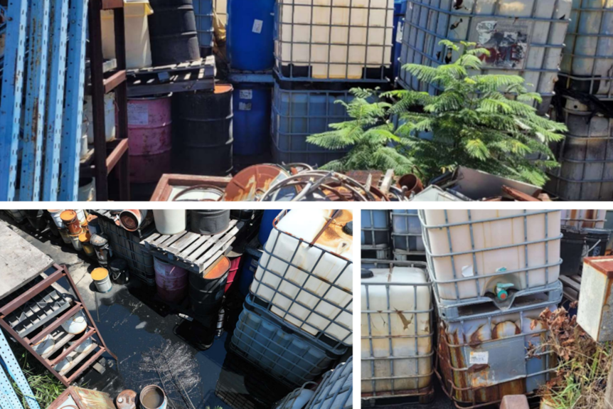 Collage of containers broken and rusted, leaking