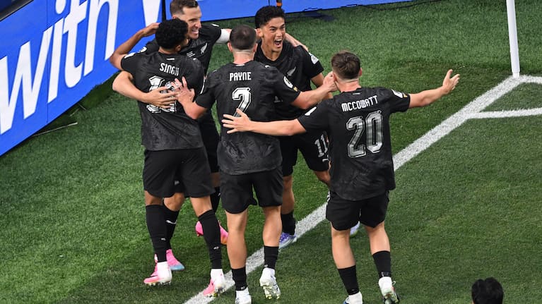 Elijah Just celebrates his first goal against Iran in Los Angeles at the FIFA World Cup.