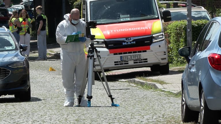 Emergency responders and forensic investigators in Stade, Germany, Monday, June 29, 2026 as police say five people have been killed in a shooting.
