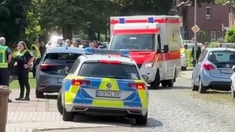 Emergency responders and forensic investigators in Stade, Germany, Monday, June 29, 2026 as police say five people have been killed in a shooting.