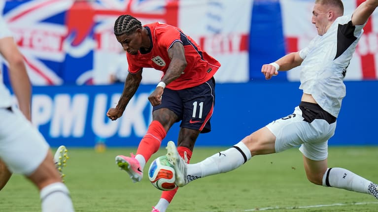 New Zealand defender Finn Surman blocks a shot by England forward Marcus Rashford (11) during the first half of an international friendly soccer match