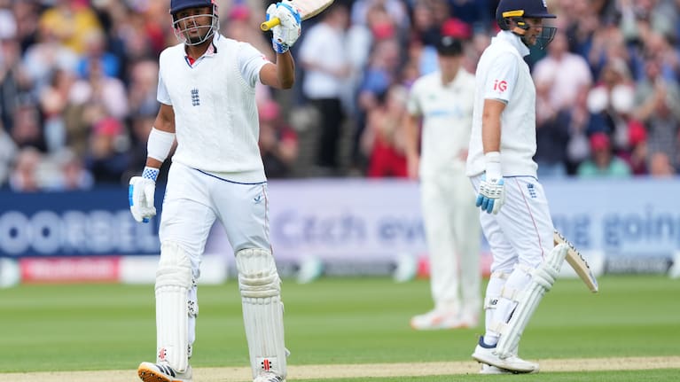England's Emilio Gay celebrates his half century during the second day of the test match between England and New Zealand at Lord's cricket ground in London, Friday, June 5, 2026.