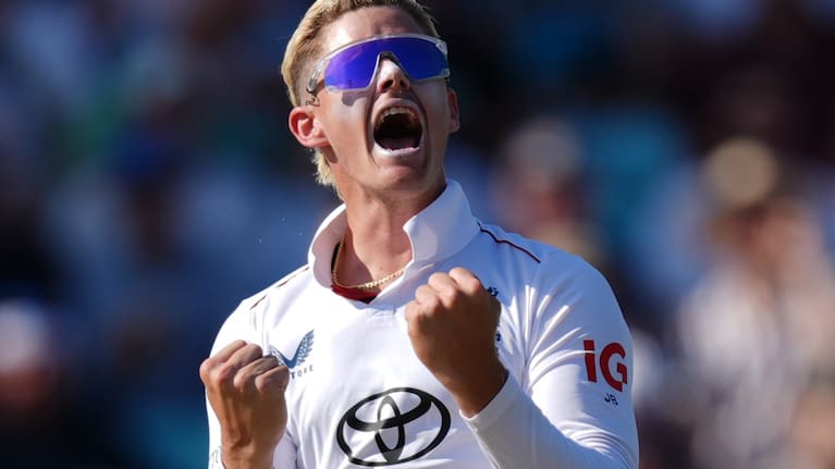 England's Jacob Bethell celebrates taking the wicket of New Zealand's Rachin Ravindra lbw on day three of the second cricket test between England and New Zealand, in London, Friday June 19, 2026.