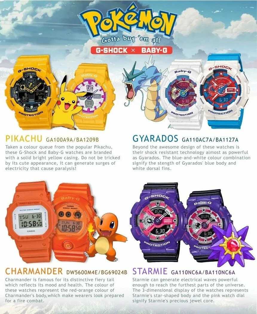 promotional graphic showcasing gshock and babyg watches inspired by pokémon characters