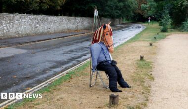 A scarecrow with a horse's head on a stool. The stool is on a grass verge at the side of a road.  A long stone wall and trees can be seen in the background.