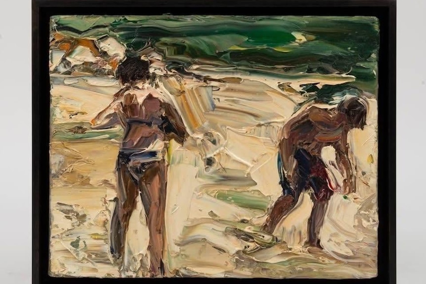 A photo of a painting of two figures of children at the beach.