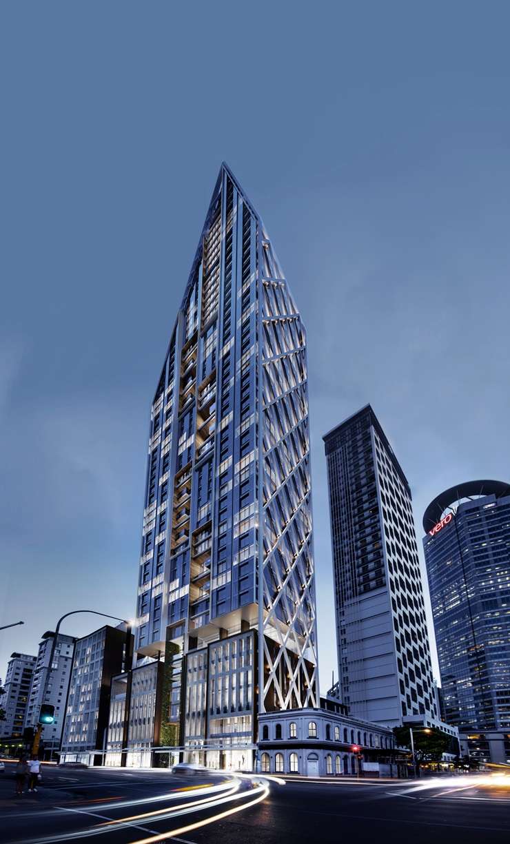 Work on the Seascape apartment tower, left, in Auckland’s CBD stopped in 2024. The tower and other properties owned by developer Shundi Customs are being sold by the receivers. Photo / Michael Craig