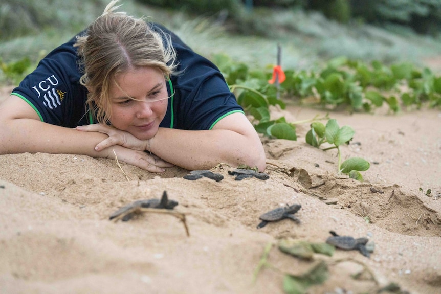 Caitlin leaning on sand and watching baby turtles walk by. She is slightly smiling, has light brown hair, wears JCU tee.