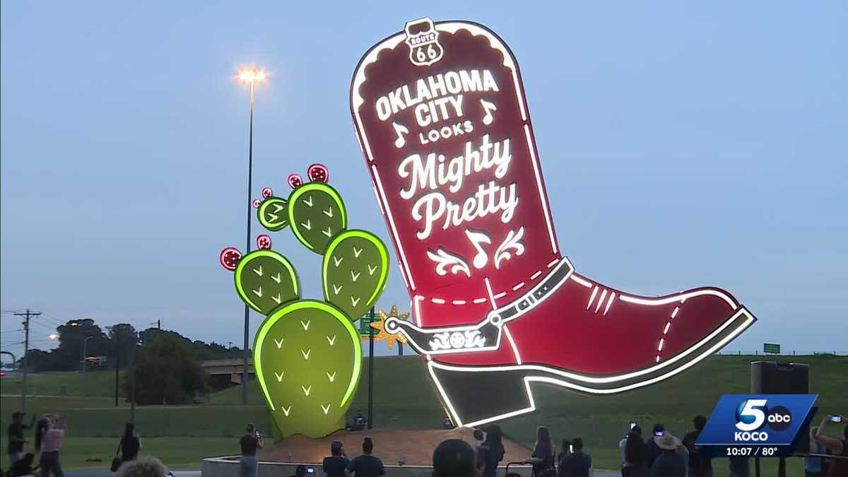 Oklahoma City lights up giant cowboy boot sculpture on Route 66