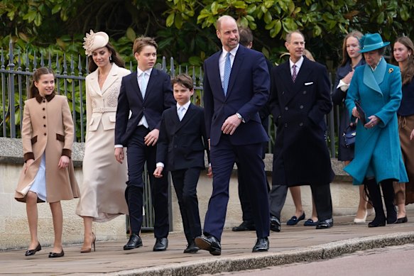 The Prince and Princess of Wales and their children attend the Easter service at St George’s Chapel in Windsor this year, accompanied by Edward, Duke of Edinburgh (second from right), and Anne, Princess Royal. 