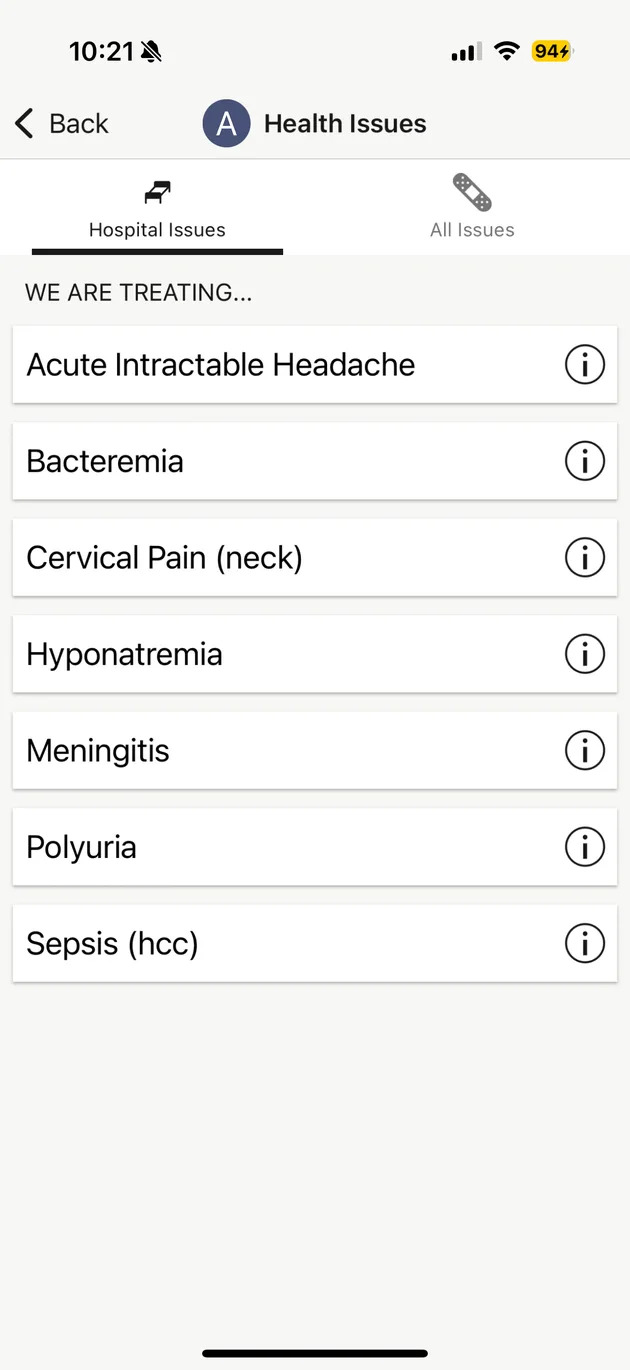 Screenshot of the hospital's patient app showing the author's active diagnoses during her meningitis and sepsis hospitalization in September 2025.