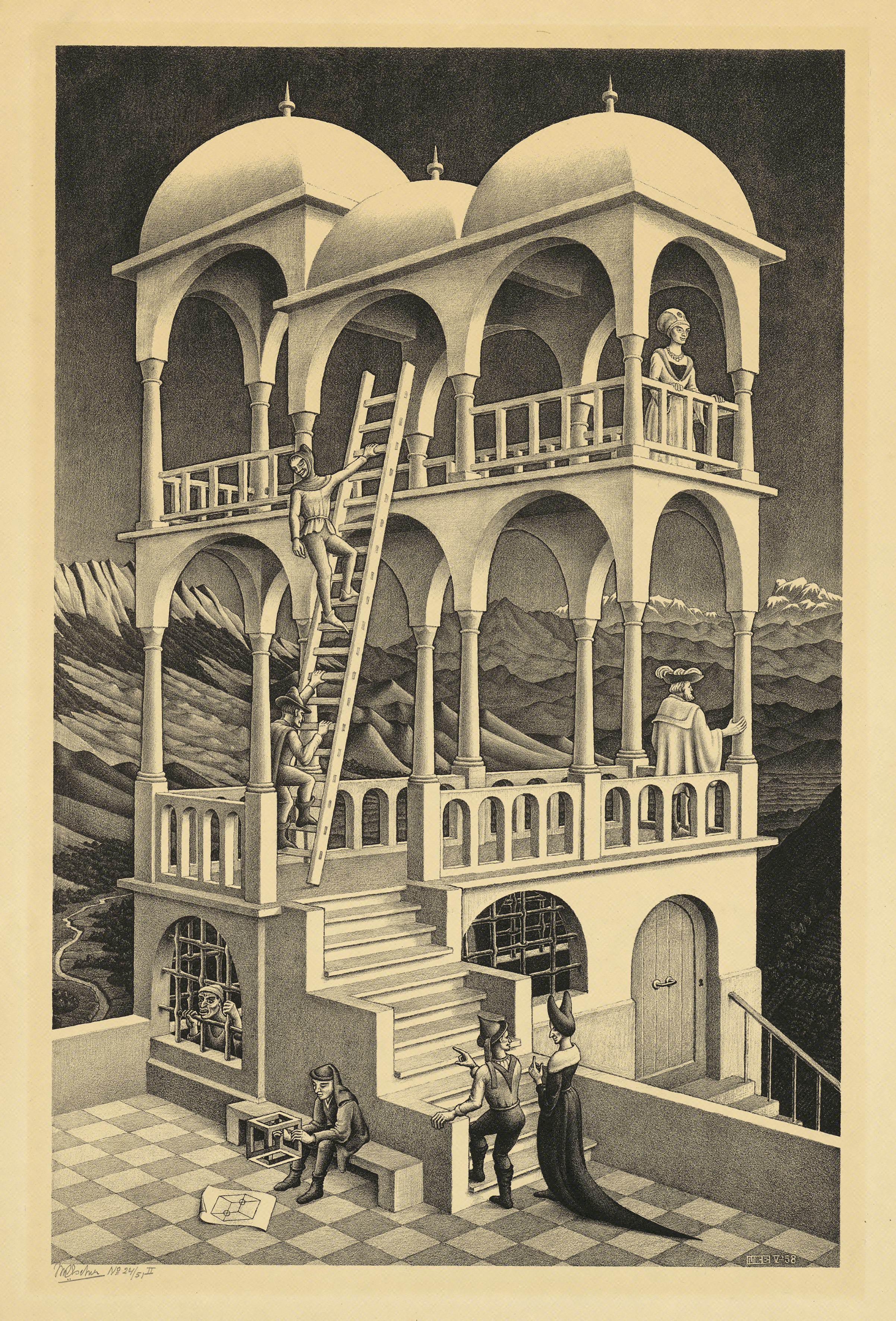 A lithograph of an architecturally impossible building whose columns connect the wrong floors and whose occupants exist on planes that cannot logically coexist.