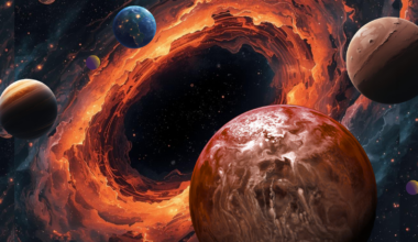 An illustration of a black hole with planets in front of it.