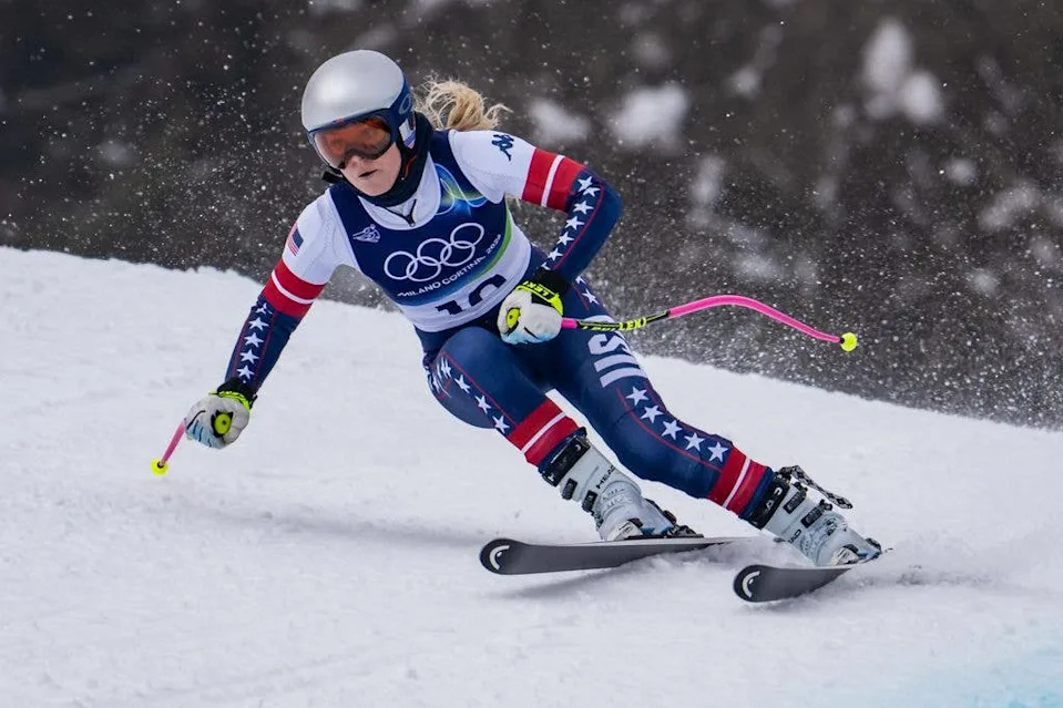 Lindsey in action during the Downhill Training of the Milano Cortina 2026 Winter Olympic Games