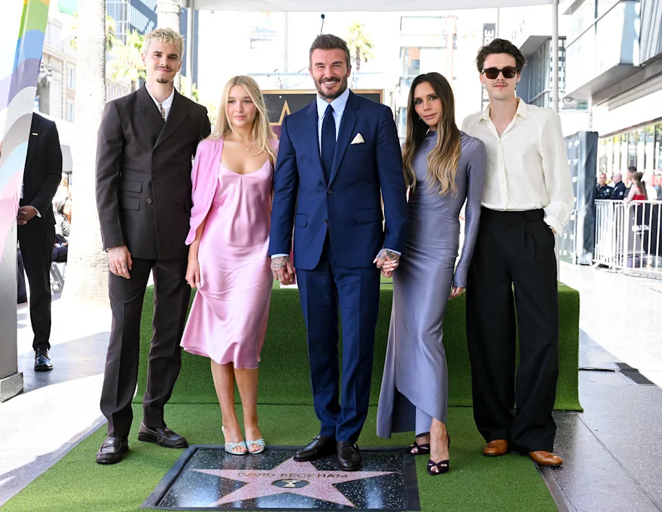 Romeo Beckham, Harper Beckham, David Beckham, Victoria Beckham and Cruz Beckham at the ceremony to honor David Beckham with a star on the Hollywood Walk Of Fame on June 12, 2026 in Los Angeles, California.