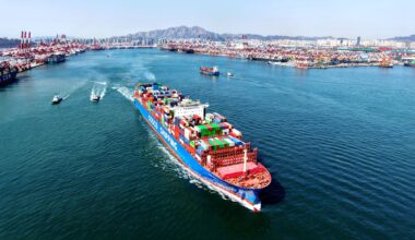 View of a container vessel near Qingdao port in East China