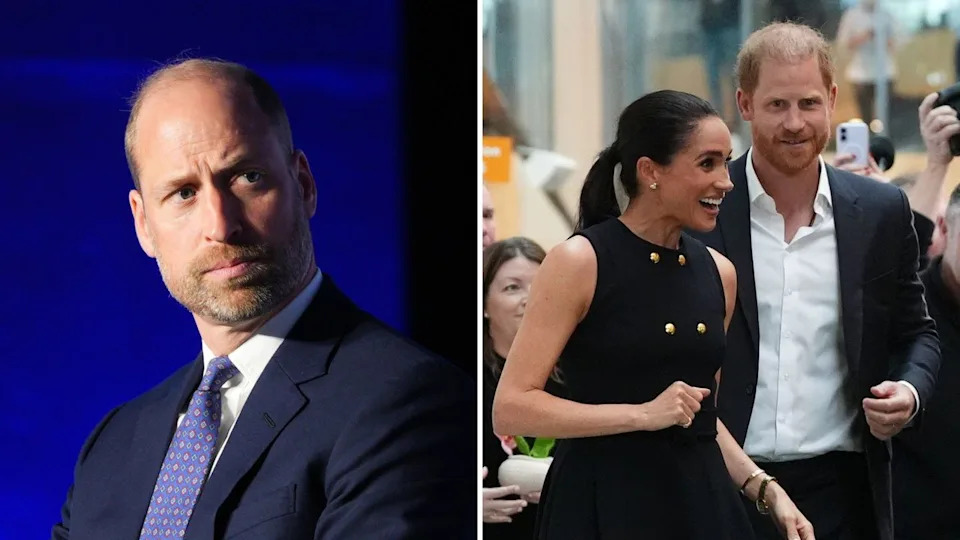  A composite image of Prince William (L) taken at the Olympia Exhibition Centre on June 10, 2026 with Prince Harry and Meghan Markle (R) arriving in Australia in April 2026. 
