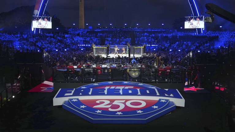 Featherweight fighters Diego Lopez and Steve Garcia in the ring during the first fight at UFC Freedom 250 on the South Lawn of the White House, Sunday, June 14, 2026, in Washington. 