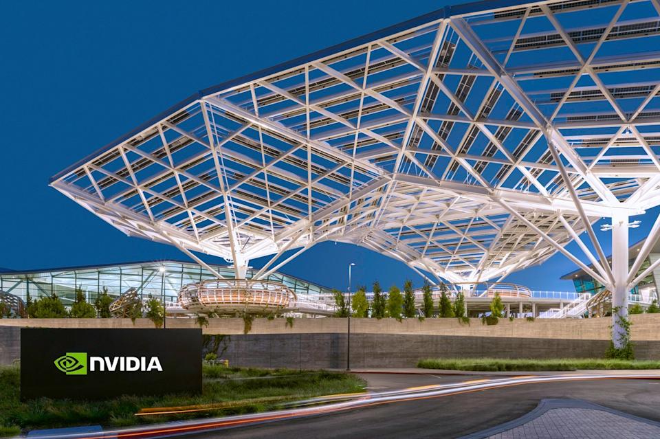 Nvidia's Santa Clara headquarters at dusk.