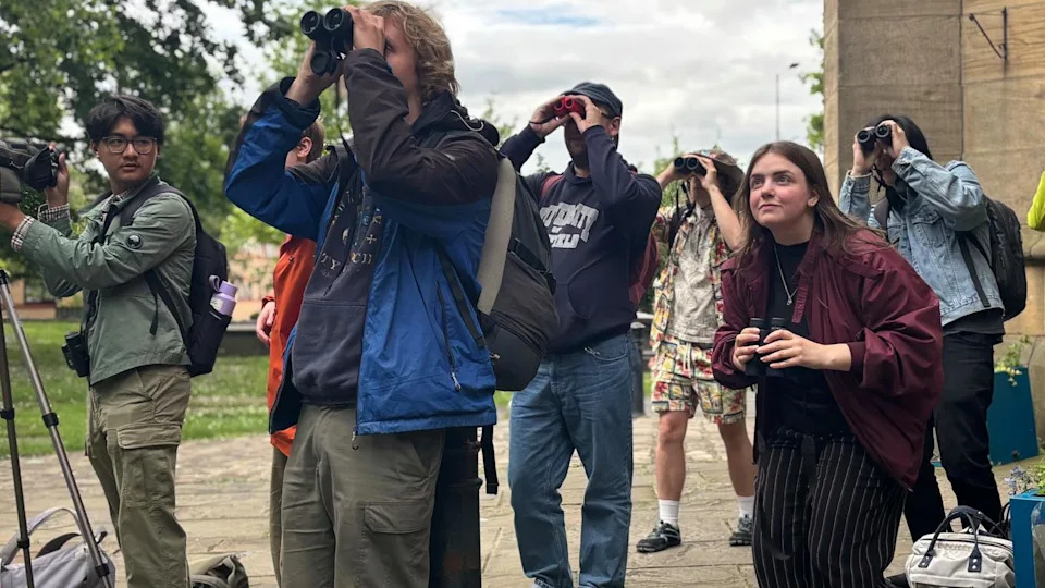 A group of young people holding binoculars are gazing at something off screen