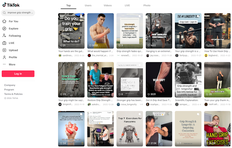 A screenshot from TikTok about grip strength and longevity
