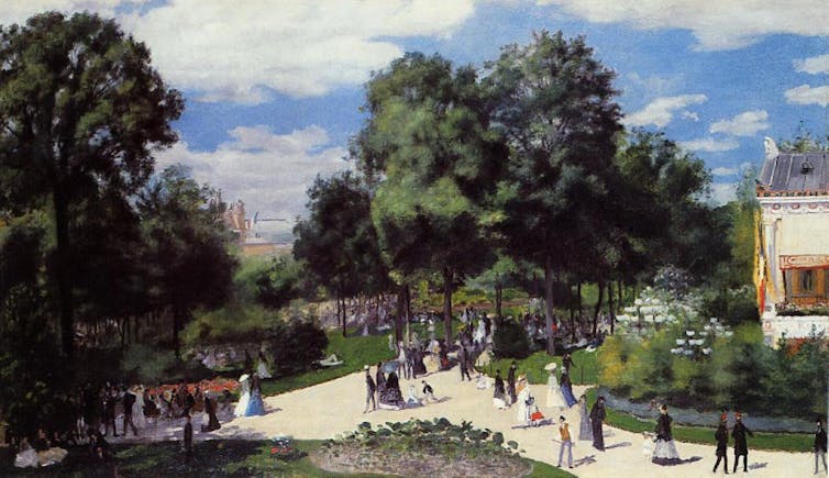 A bustling boulevard filled with crowds, carriages and festive displays along the tree-lined avenue in The Champs-Élysées during the Paris Fair of 1867 by Pierre-Auguste Renoir.