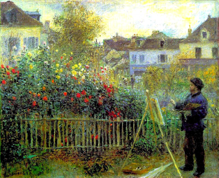 Claude Monet paints outdoors in a lush garden surrounded by sunlit foliage in Monet Painting in His Garden by Pierre-Auguste Renoir.