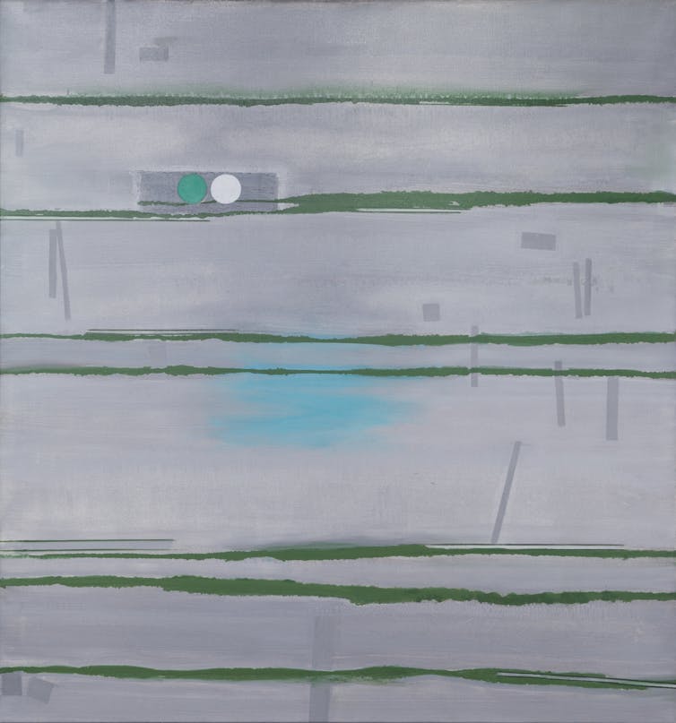 Abstract grey landscape image with green lines.
