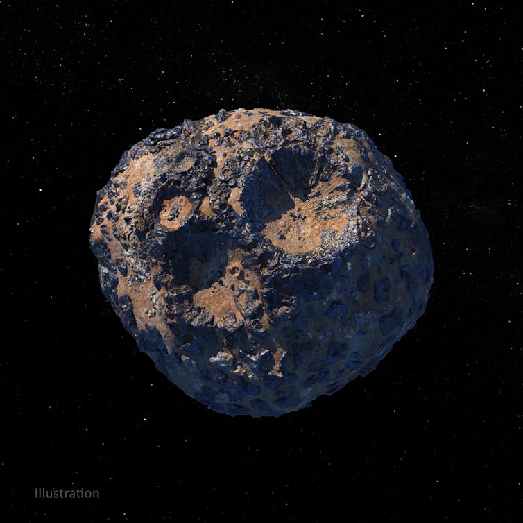 An illustration of a large, mostly round asteroid with some small craters on its surface